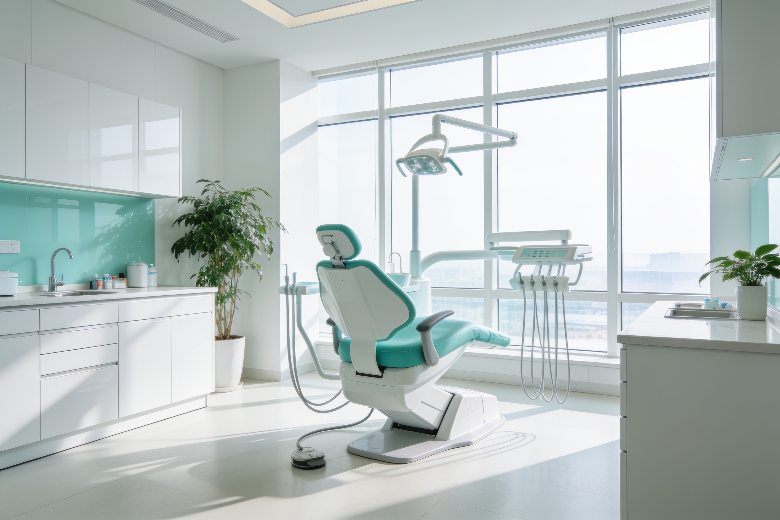Ordinacija dentalne medicine: stolica uz veliki prozor i zelenilo